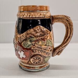 Vintage 20th Century Swiss Suisse Schweiz Horn Ceramic Beer Stein, 5"